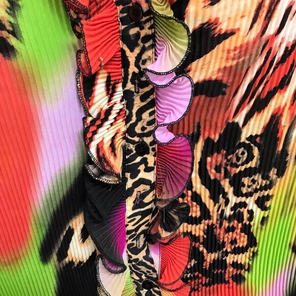 Sioni long-sleeved, ruffled front vibrant, multi-colored leopard blouse top M - Picture 3 of 6